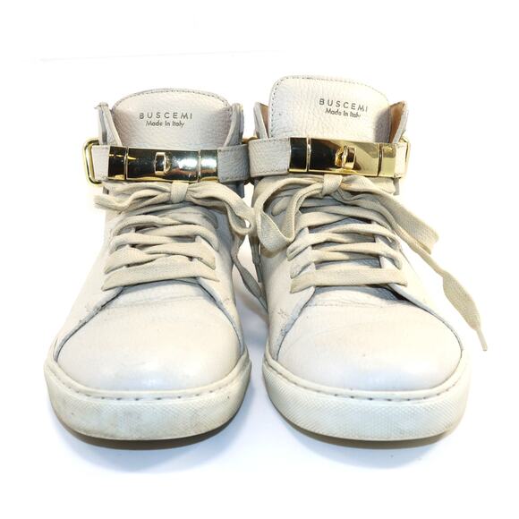 Buscemi 100MM White Leather High-Top Sneakers Gold Hardware Size 41 - Picture 3 of 8